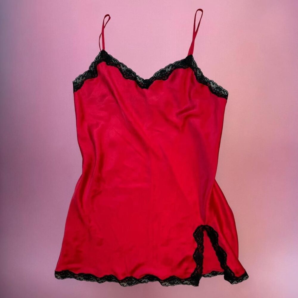Victorias Secret red silky slip dress with black lace trim❤️